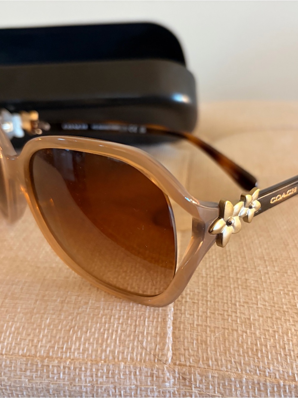 Coach Women's Light Brown Crystal Frame Sunglasses with Gold Flower Detail
